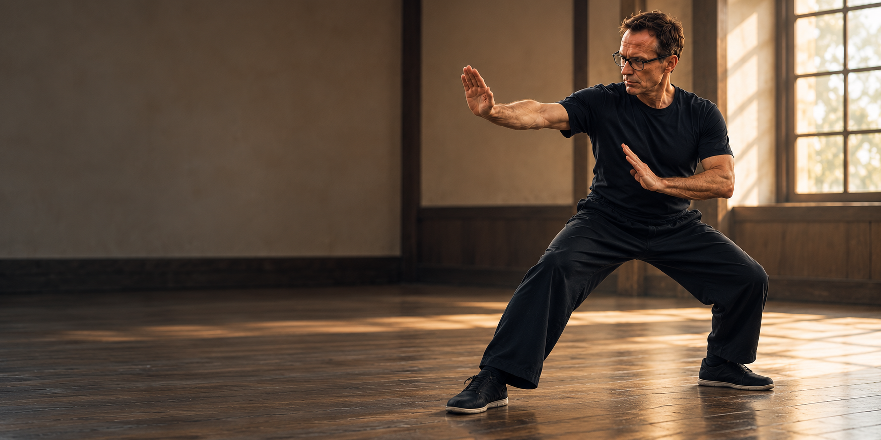 Konzentrierte Kung-Fu-Praxis mit klarer Haltung und ruhiger Bewegung